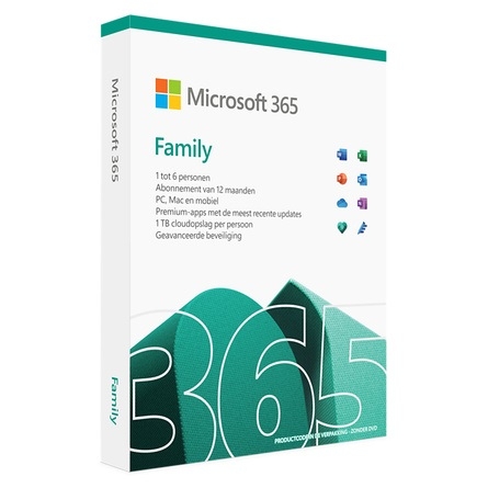 Office 365 Family 1 jaar 6 gebruikers
Dit zijn digitale licenties die direct geleverd worden via mail

Bevat:
* Word
* Excel
* PowerPoint
* Outlook
* Access
* Publisher