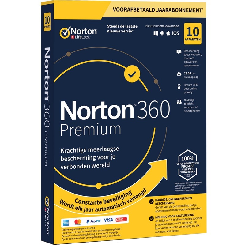 Norton 360 Premium 10 apparaten 75 GB
Eenmalig abonnement, zonder automatische verlenging
U ontvangt zo snel mogelijk een licentiecode via mail