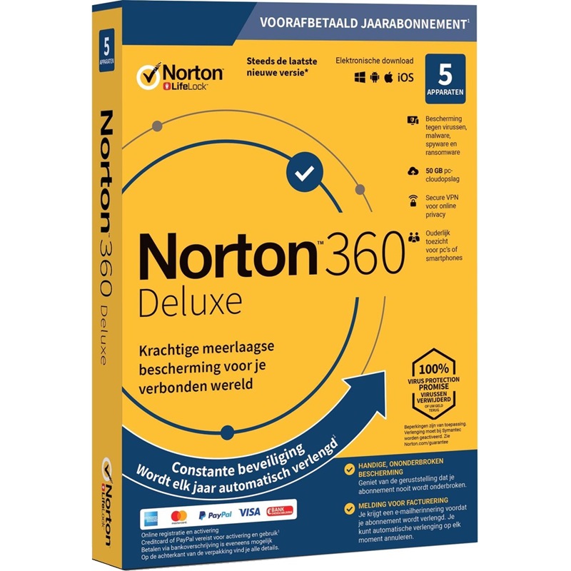 Norton 360 Deluxe 5 apparaten 50 GB
Eenmalig abonnement, zonder automatische verlenging
U ontvangt zo snel mogelijk een licentiecode via mail