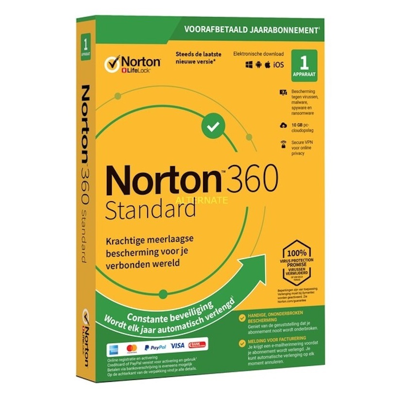 Norton 360 Standard 10GB 1 apparaat
Eenmalig abonnement, zonder automatische verlenging
U ontvangt zo snel mogelijk een licentiecode via mail