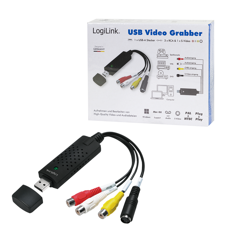 USB 2.0 Audio Video Grabber

Formaat analoog signaal:
NTSC, PAL

Videoresolutie:	
720x576 25Hz (PAL)
720x480 30Hz (NTSC)

Video inputs:
Composiet
S-Video	

Audio inputs:
2x Tulp (cinch)

Windows 10 en 11 ondersteuning	
