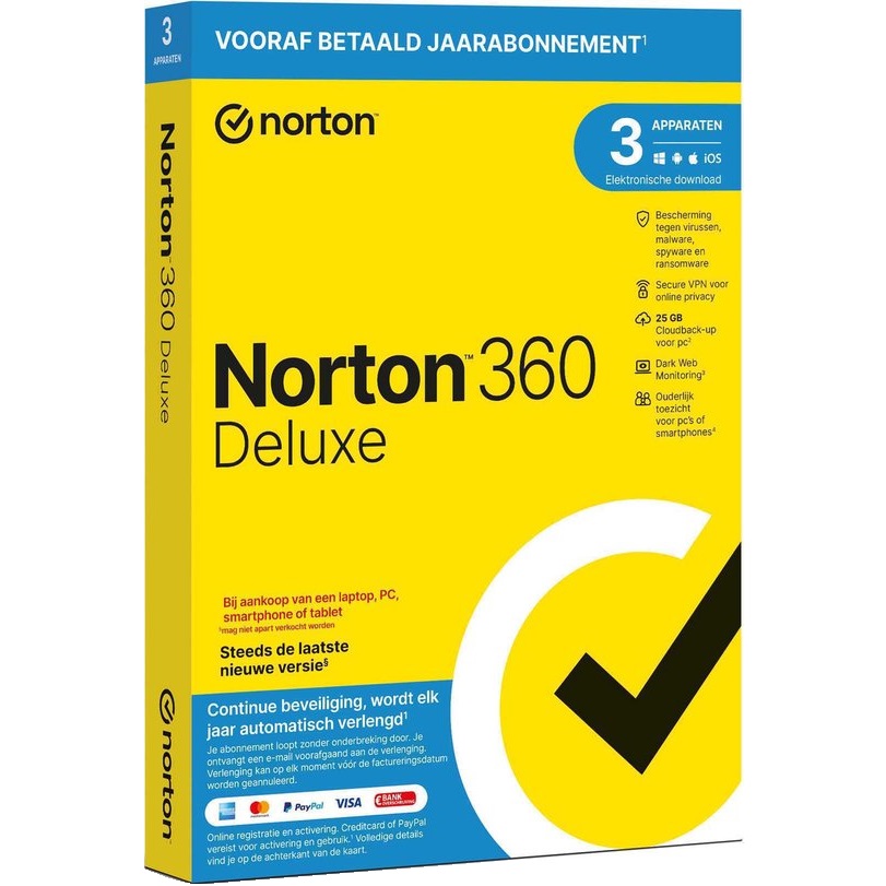 Norton 360 Deluxe 3 apparaten 25 GB
Eenmalig abonnement, zonder automatische verlenging
U ontvangt zo snel mogelijk een licentiecode via mail